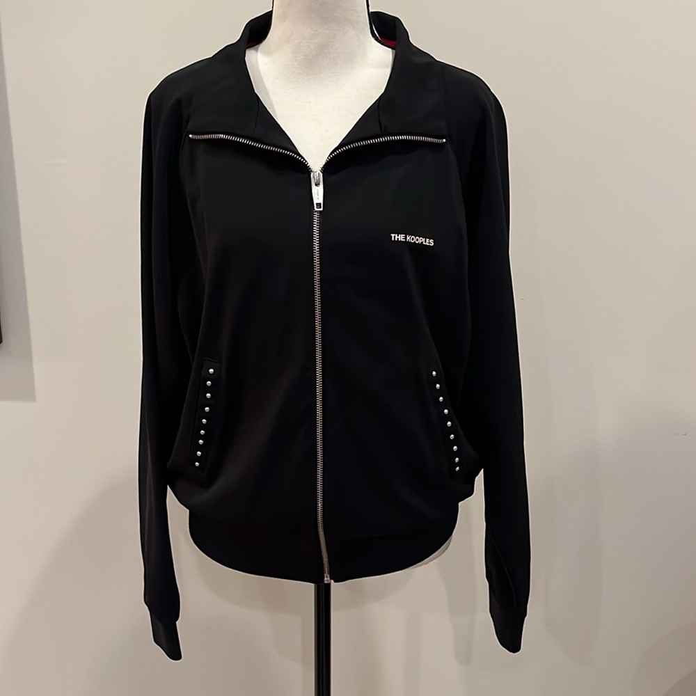 The Kooples Sport Black Bomber Jacket Red Lining Silver Studs on Pockets Medium